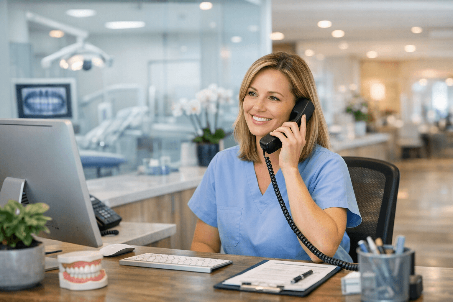 Dental receptionist managing phone calls and front-desk tasks in a modern clinic